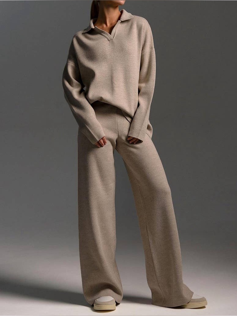 Mapcie NWT $58 2 Piece Set 2-pc Knit Outfit Sweater Pants Set Khaki Brown Large